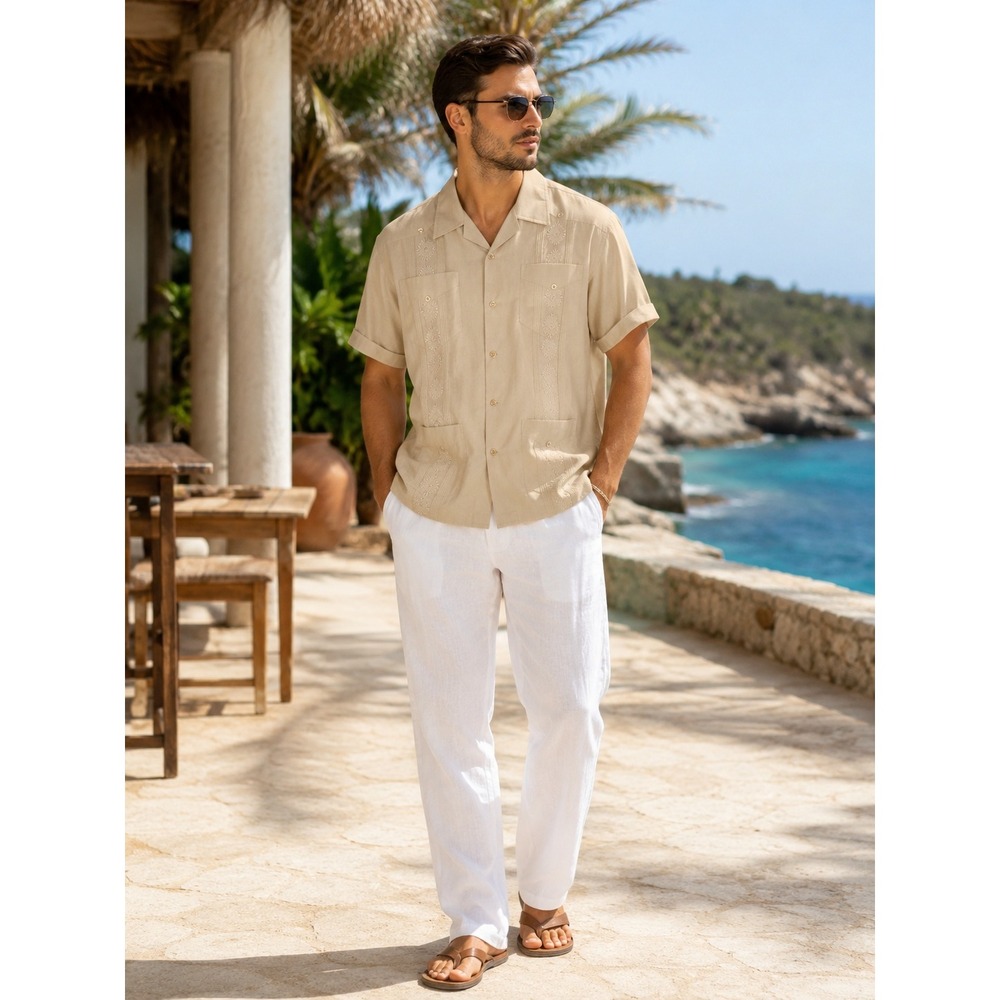 The Havanera Co. Stone Embroidered Guayabera Shirt Mens L Vtg Resort Trad Miami